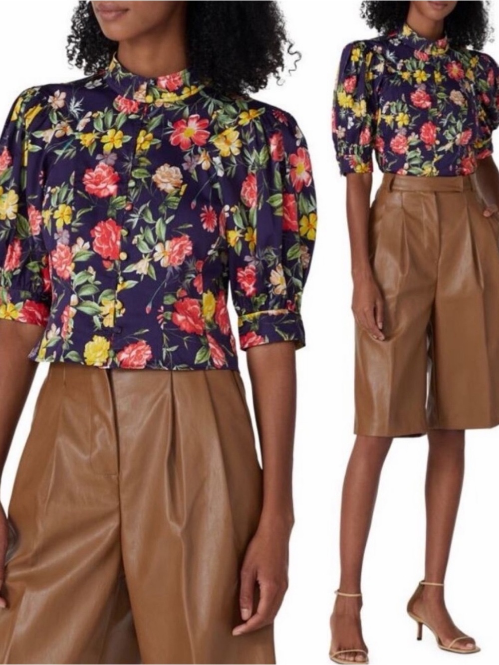 Marissa Webb Floral Print Mock Neck Puff Sleeve Blouse Cropped Shirt Cotton 10